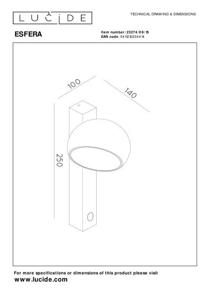 Lucide Premium ESFERA - Applique murale - LED Dim. - 1x9W 2700K - Fer gris - technique